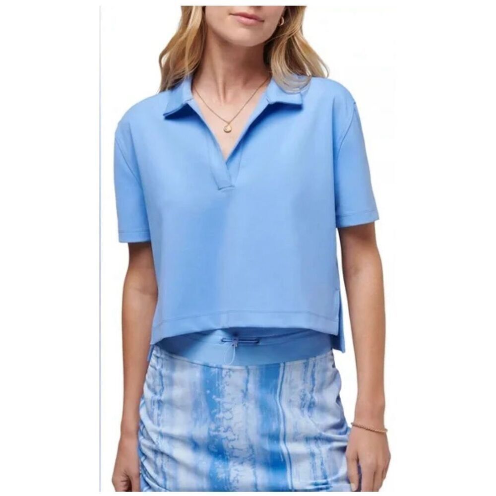 Travis Mathew Polo Golf Women’s L Deco District cornflower Blue cropped shirt